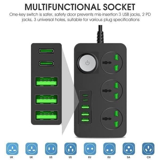 Multi Port Extension With USB Port 2m Power Cord